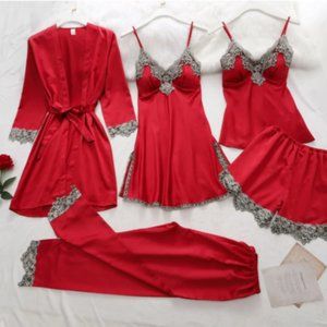 Red Robe Lace Satin Silk Pajama Gown Set 5 Pieces